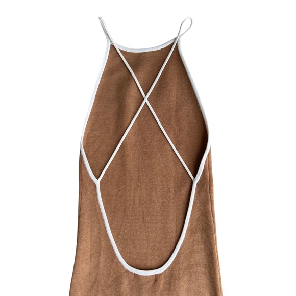 Meshki Heidi Contrast Binding Knitted Open Back Strappy Midi Dress Tan Size XS - Picture 7 of 9